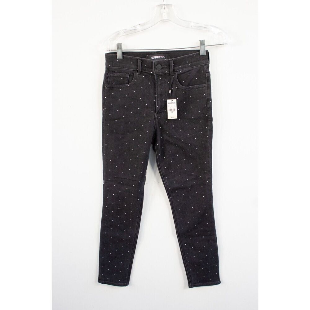 NWT EXPRESS HIGH RISE ANKLE LEGGING BLACK RHINESTONE STUDDED DENIM JEANS SIZE 2S